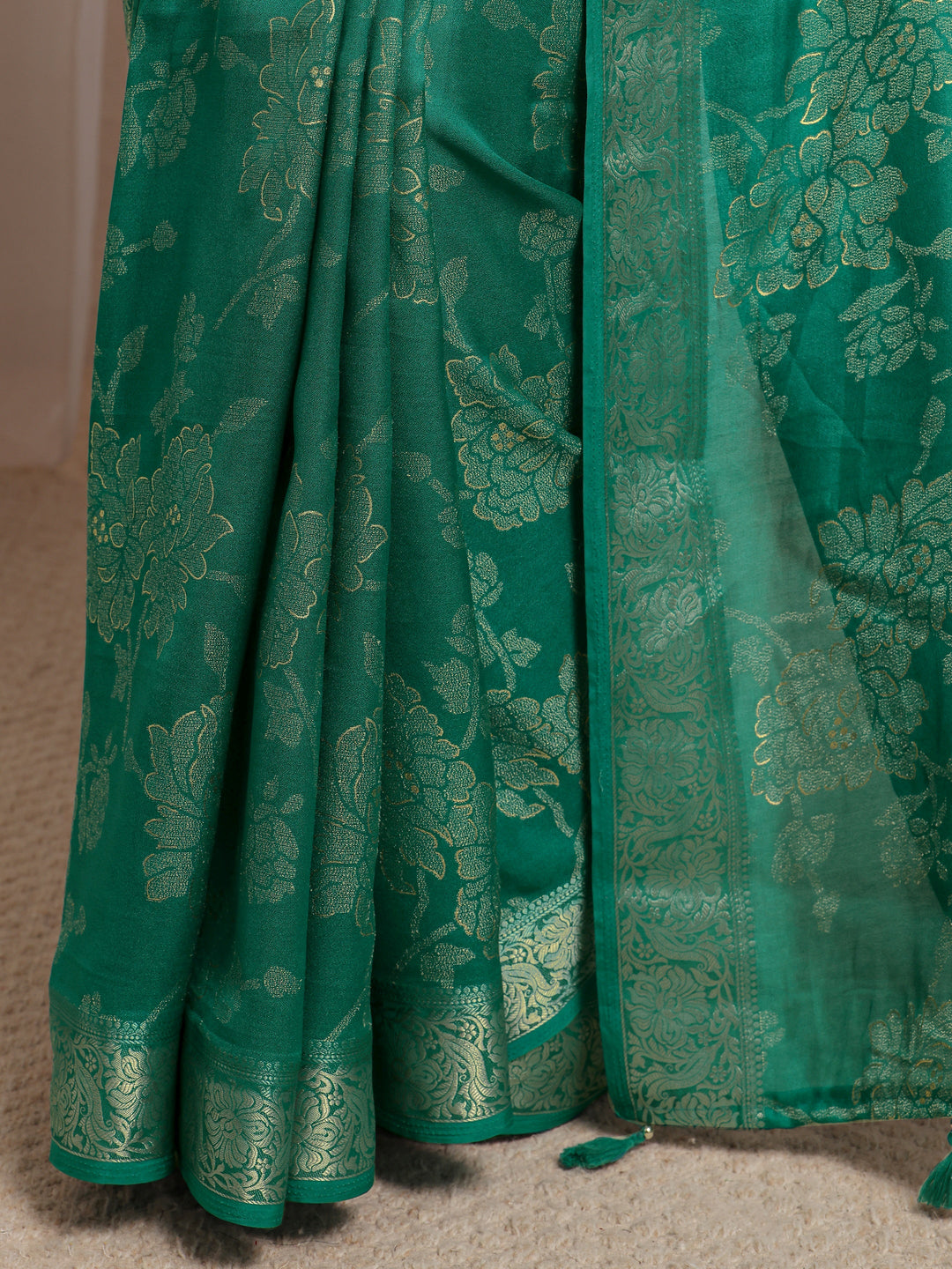  Green Floral Woven Design Silk Blend Saree With Unstitched Blouse Piece 