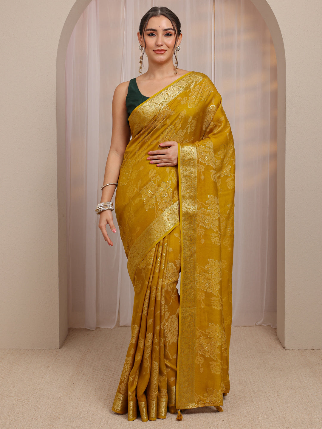  Mustard Floral Woven Design Silk Blend Saree With Unstitched Blouse Piece 