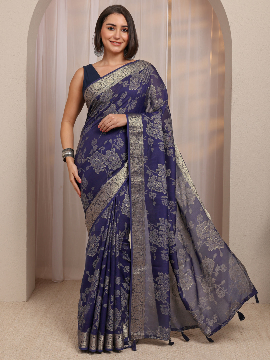  Navy Blue Floral Woven Design Silk Blend Saree With Unstitched Blouse Piece 