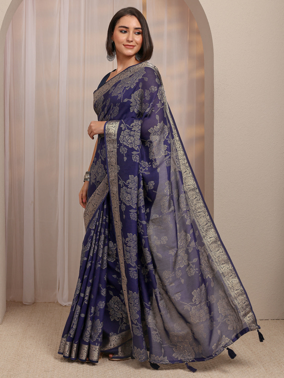  Navy Blue Floral Woven Design Silk Blend Saree With Unstitched Blouse Piece 