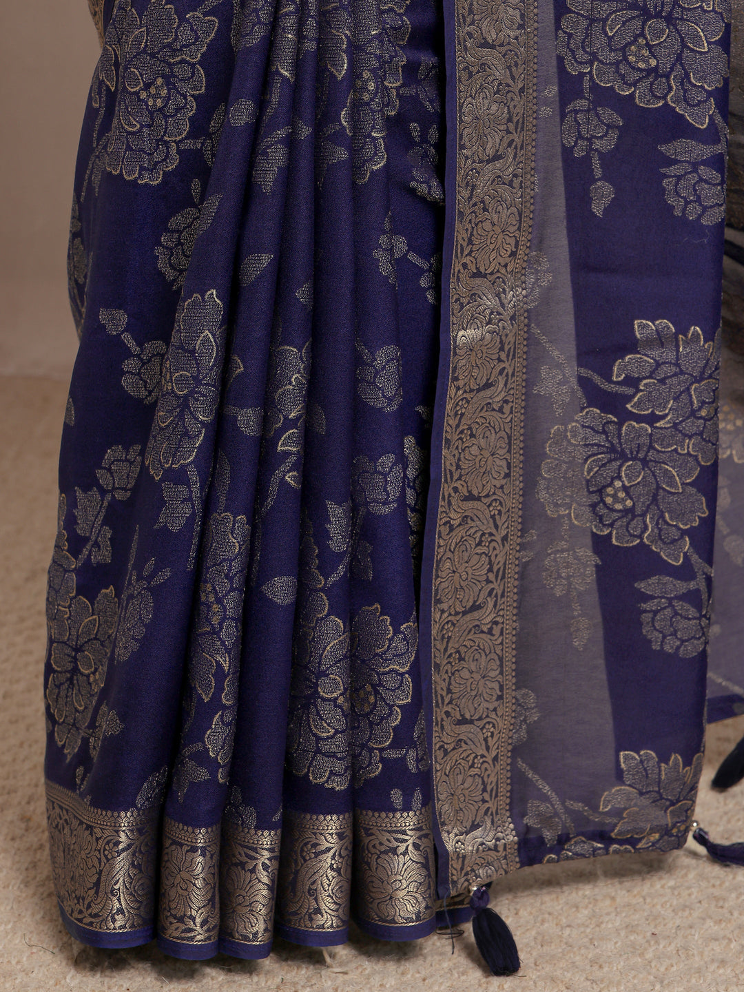  Navy Blue Floral Woven Design Silk Blend Saree With Unstitched Blouse Piece 