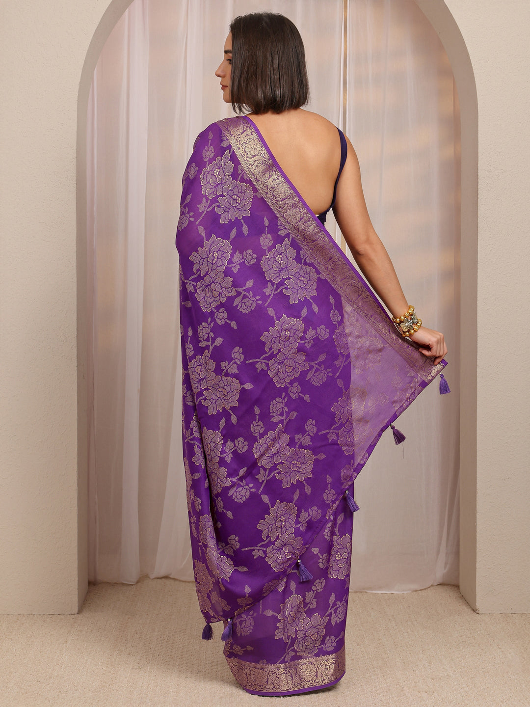  Purple Floral Woven Design Silk Blend Saree With Unstitched Blouse Piece 
