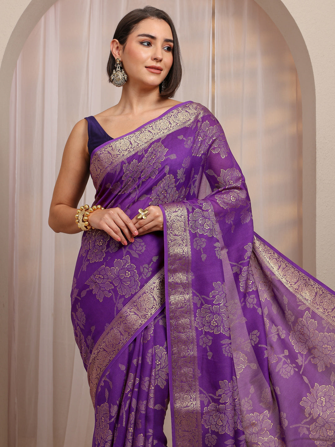  Purple Floral Woven Design Silk Blend Saree With Unstitched Blouse Piece 