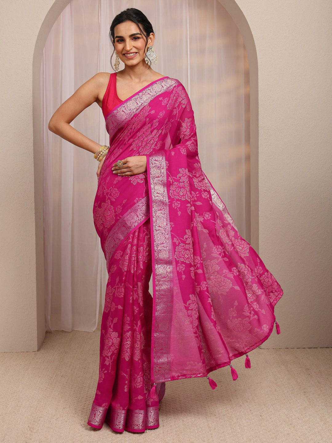  Pink Floral Woven Design Silk Blend Saree With Unstitched Blouse Piece 