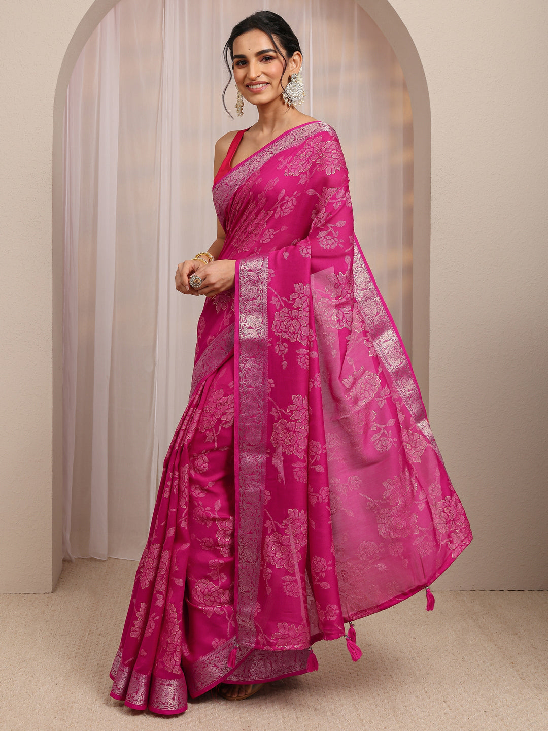  Pink Floral Woven Design Silk Blend Saree With Unstitched Blouse Piece 