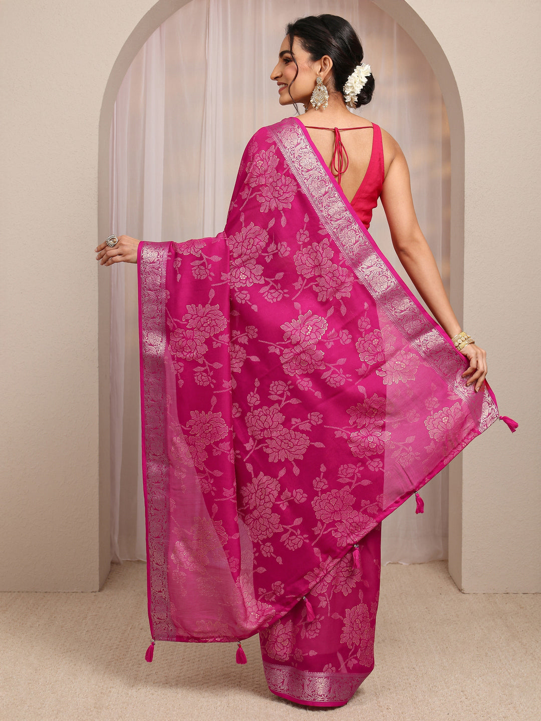  Pink Floral Woven Design Silk Blend Saree With Unstitched Blouse Piece 