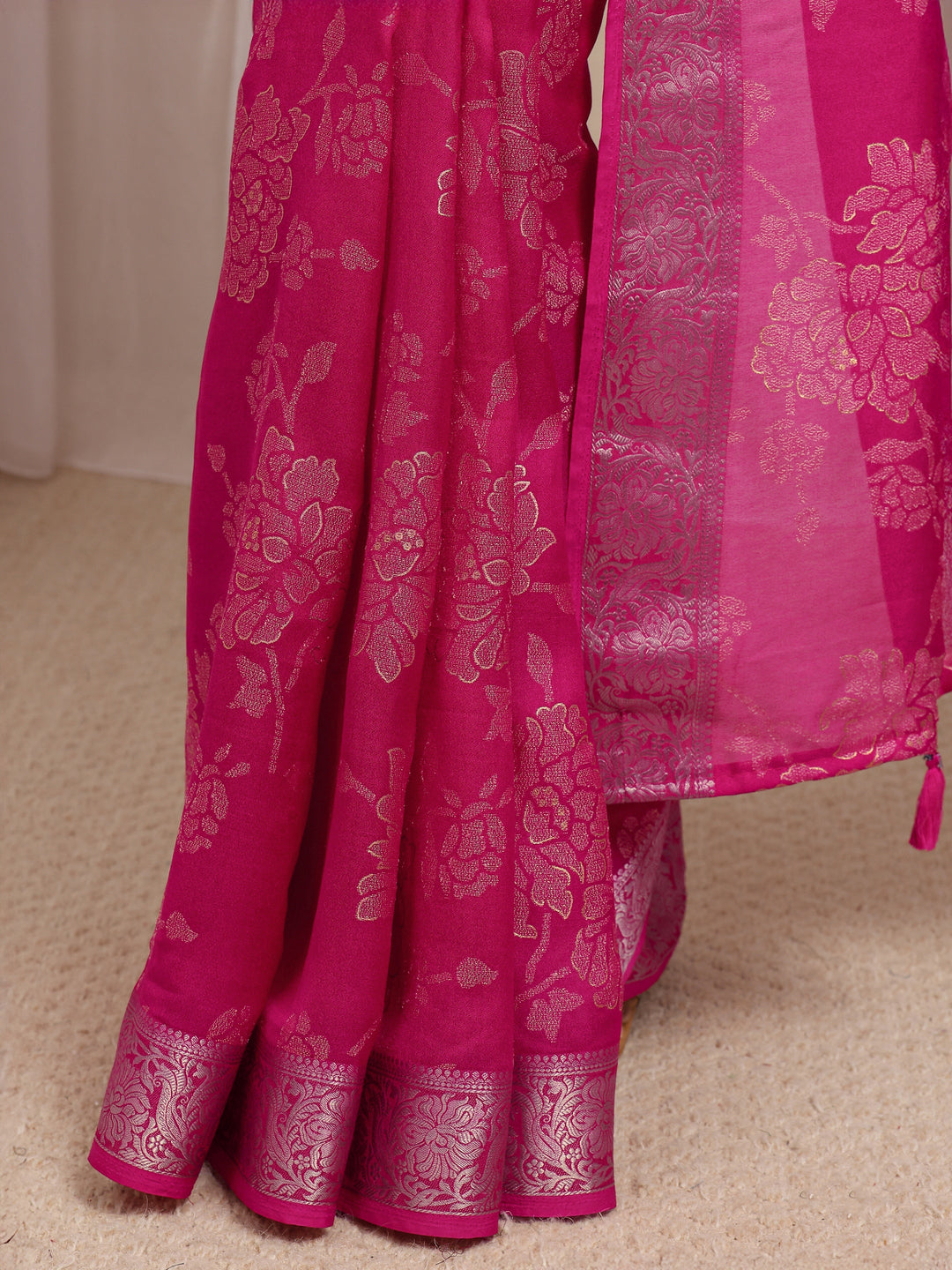  Pink Floral Woven Design Silk Blend Saree With Unstitched Blouse Piece 