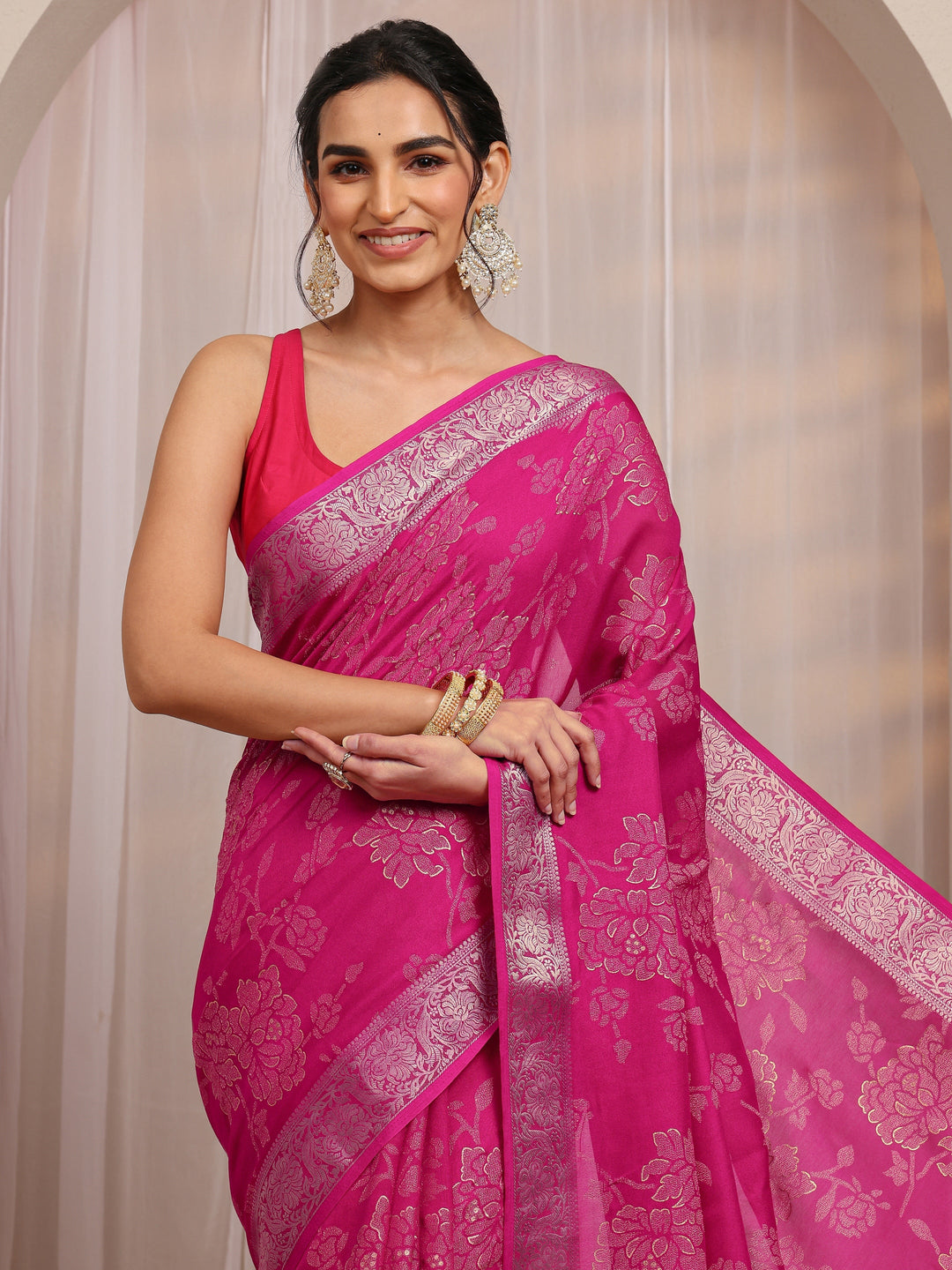  Pink Floral Woven Design Silk Blend Saree With Unstitched Blouse Piece 