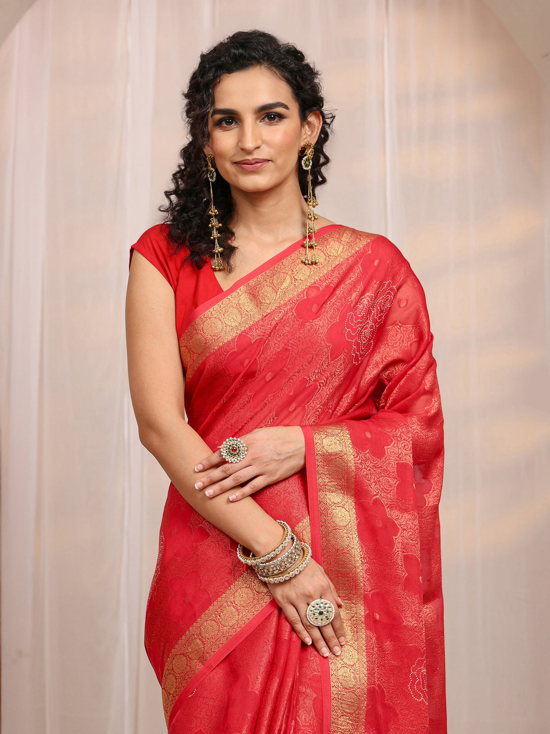  Red Floral Woven Design Silk Blend Saree 
With Unstitched Blouse Piece 