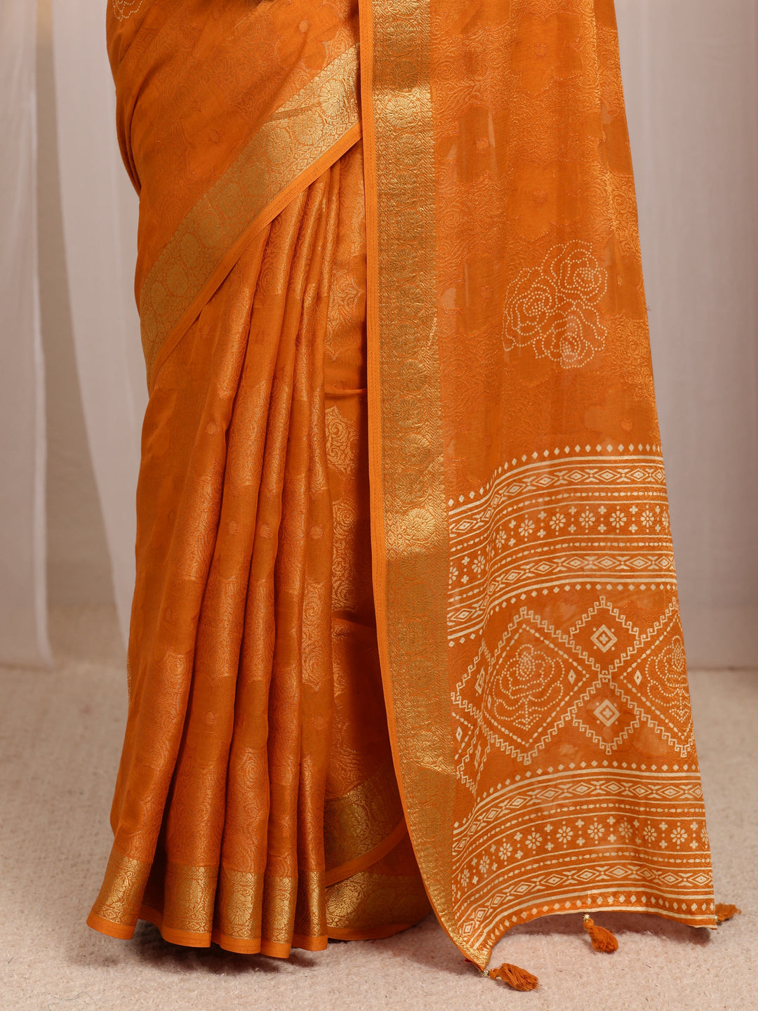 Orange Floral Woven Design Silk Blend Saree 
With Unstitched Blouse Piece 
