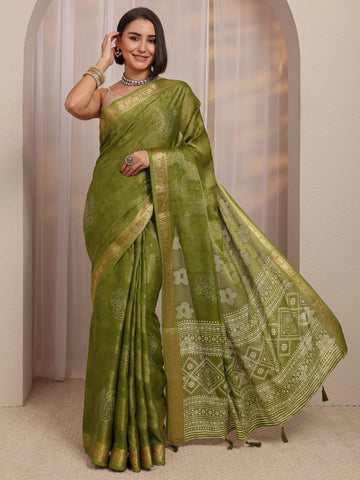 Green Floral Woven Design Jacquard Silk Blend Saree With Unstitched Blouse Piece