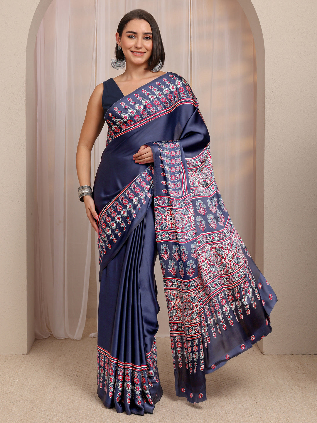  Navy Blue Ethnic Motifs Prined Silk Blend Saree  With Unstitched Blouse Piece 