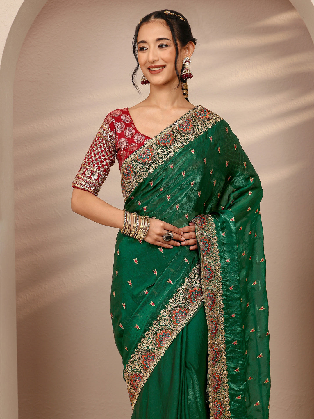  Green Ethnic Motif  Embroidered Silk Blend Saree With Unstitched Blouse Piece 