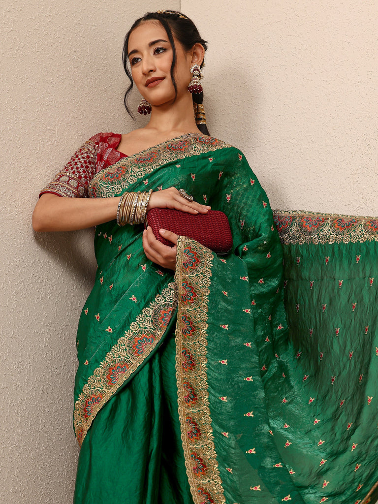 Libas Green Ethnic Motif Embroidered Silk Blend Saree With Unstitched Blouse Piece