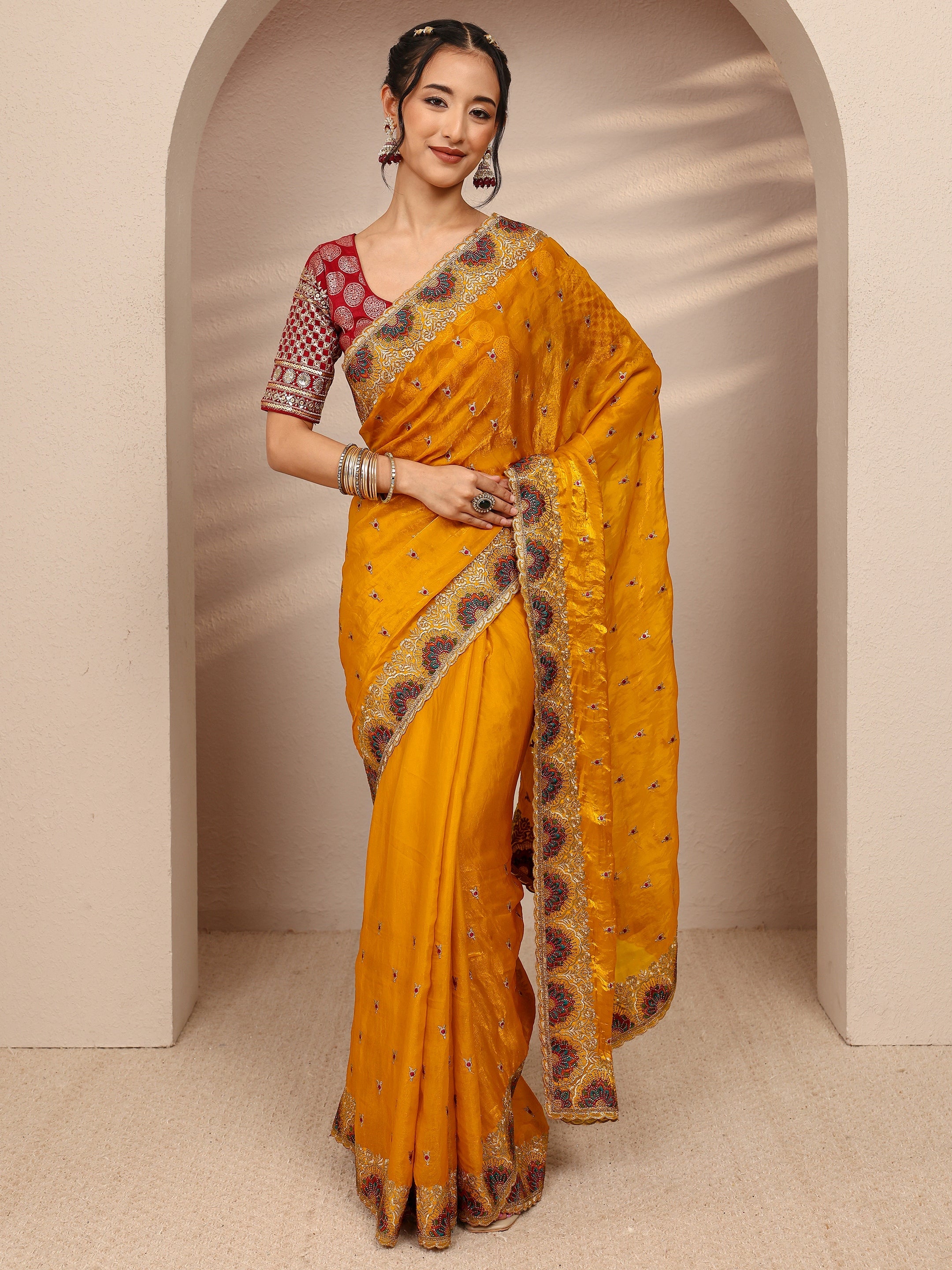libas Mustard Ethnic Motif Embroidered Silk Blend Saree With Unstitched Blouse Piece-picture-20