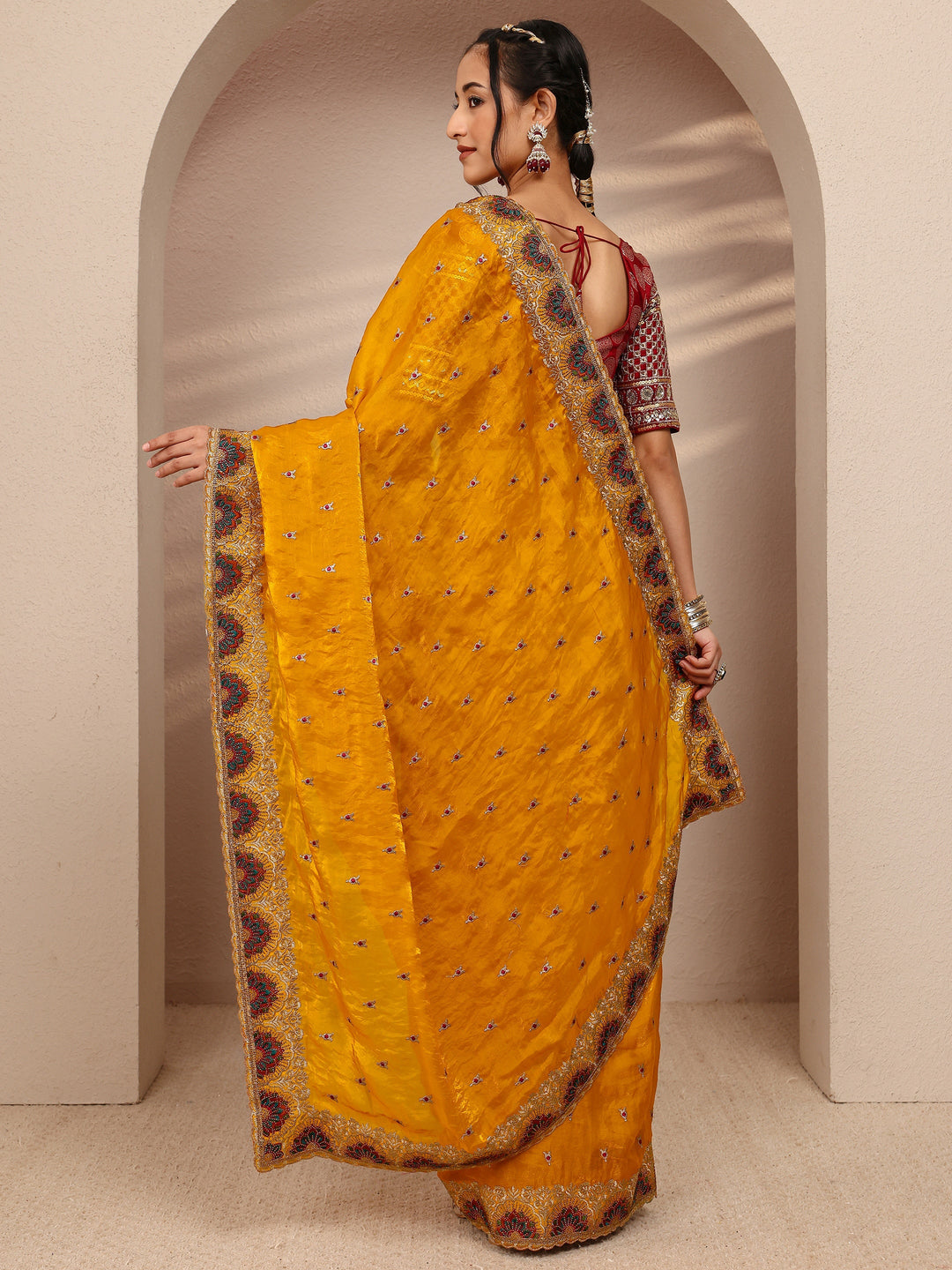  Mustard Ethnic Motif  Embroidered Silk Blend Saree With Unstitched Blouse Piece 