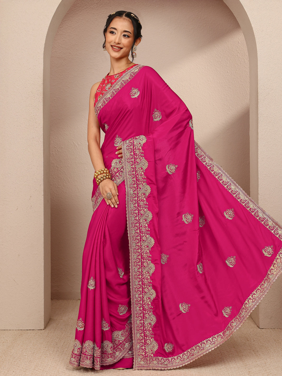  Pink Ethnic Motif  Embroidered Silk Blend Saree With Unstitched Blouse Piece 