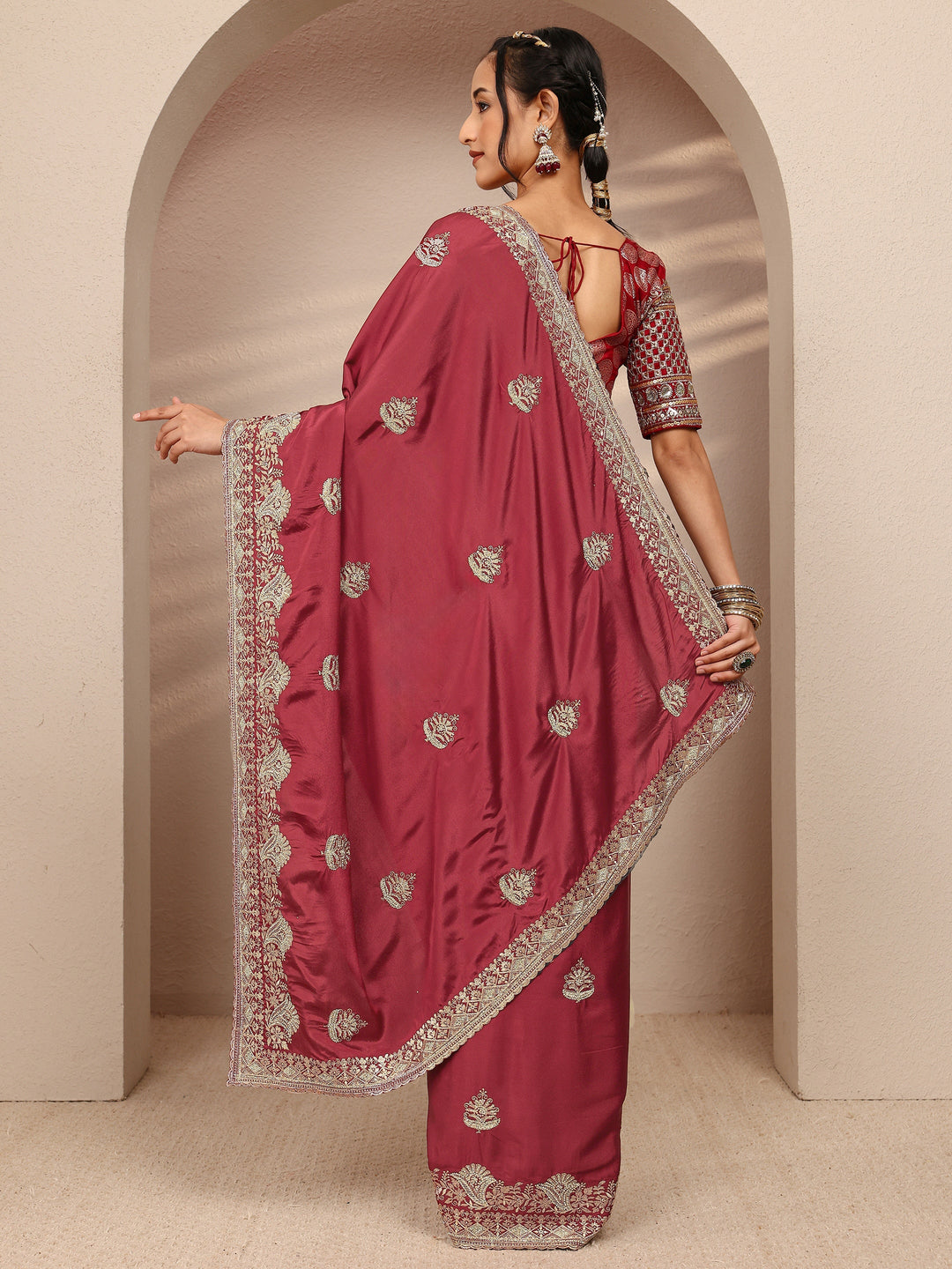  Brown Ethnic Motif  Embroidered Silk Blend Saree With Unstitched Blouse Piece 