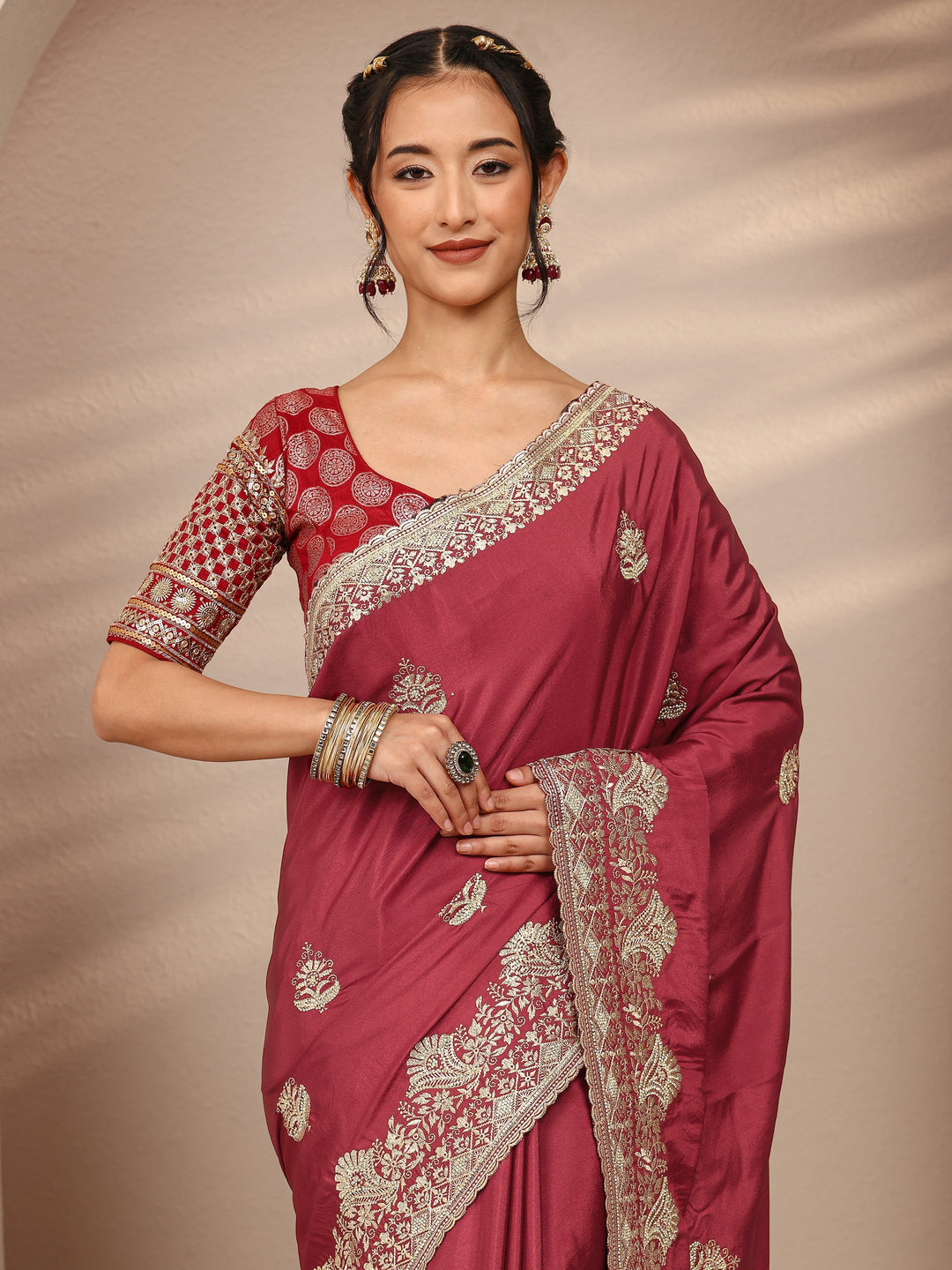  Brown Ethnic Motif  Embroidered Silk Blend Saree With Unstitched Blouse Piece 