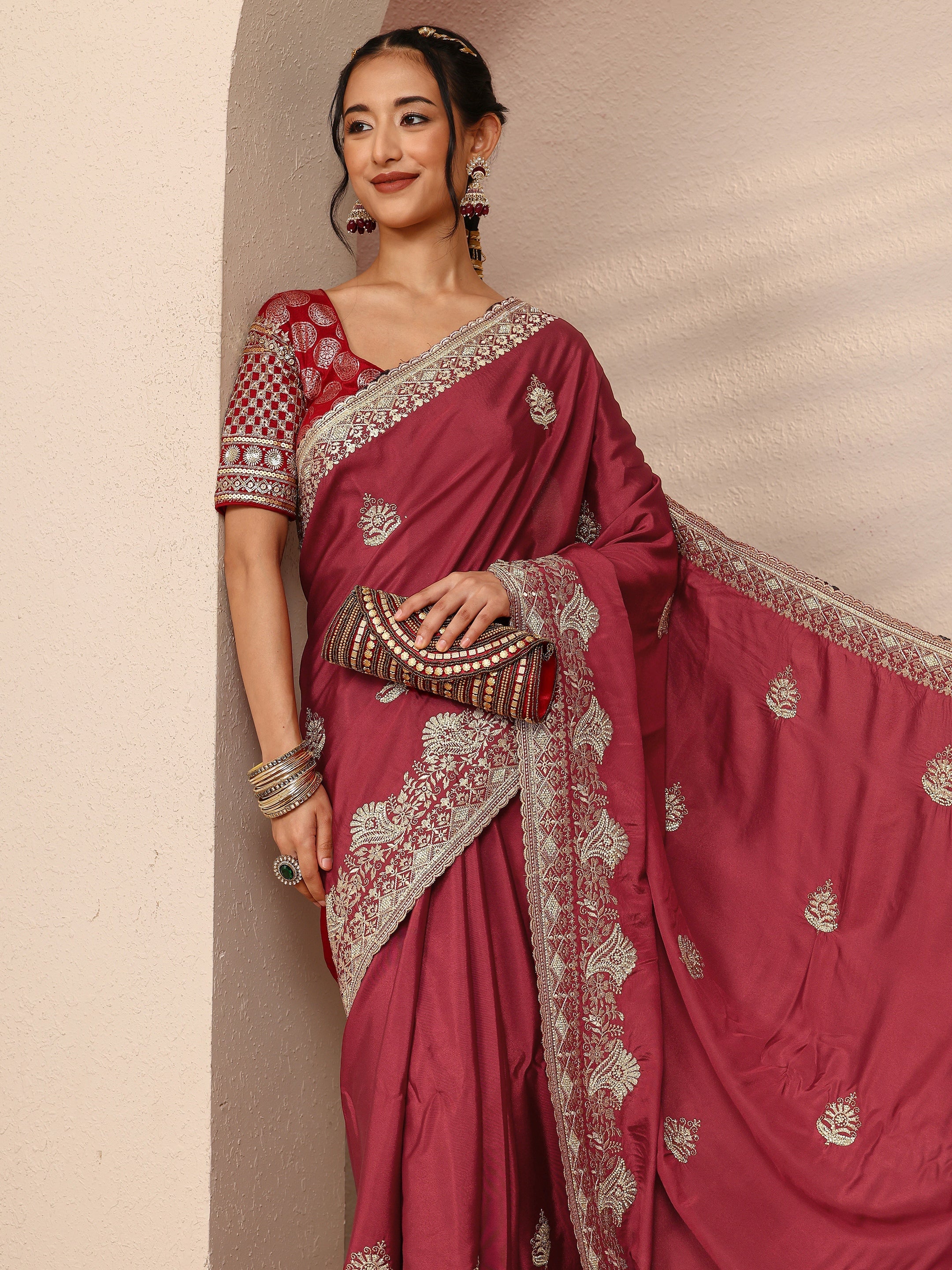libas Brown Ethnic Motif Embroidered Silk Blend Saree With Unstitched Blouse Piece-picture-35
