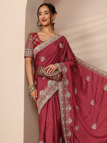 Brown Ethnic Motif  Embroidered Silk Blend Saree With Unstitched Blouse Piece