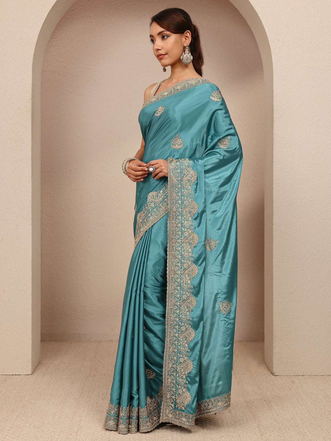  Blue Ethnic Embroidered Silk Blend Saree
With Unstitched Blouse Piece 