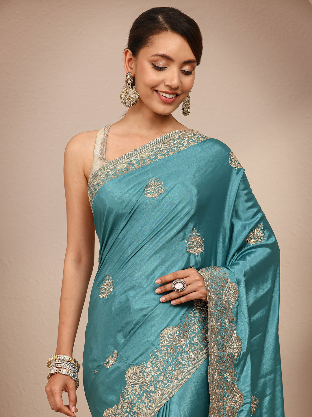  Blue Ethnic Embroidered Silk Blend Saree
With Unstitched Blouse Piece 
