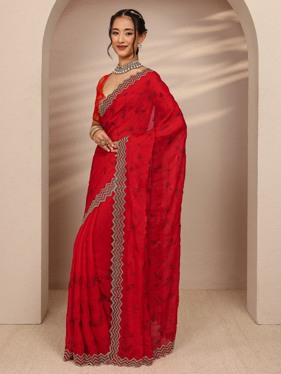  Red Ethnic Motif  Embellished Silk Blend Saree With Unstitched Blouse Piece 