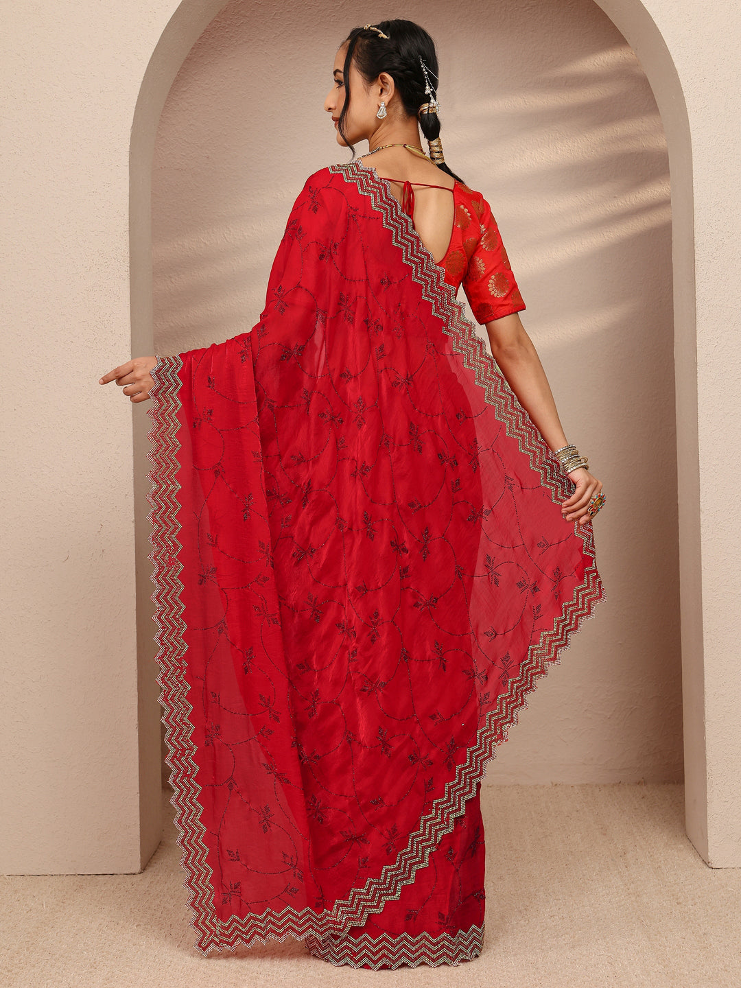  Red Ethnic Motif  Embellished Silk Blend Saree With Unstitched Blouse Piece 