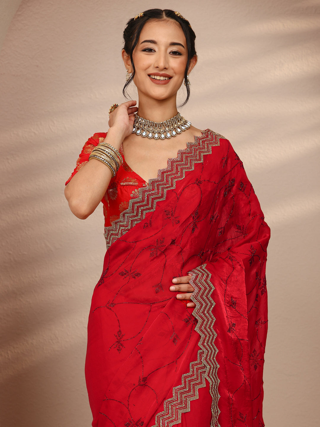  Red Ethnic Motif  Embellished Silk Blend Saree With Unstitched Blouse Piece 