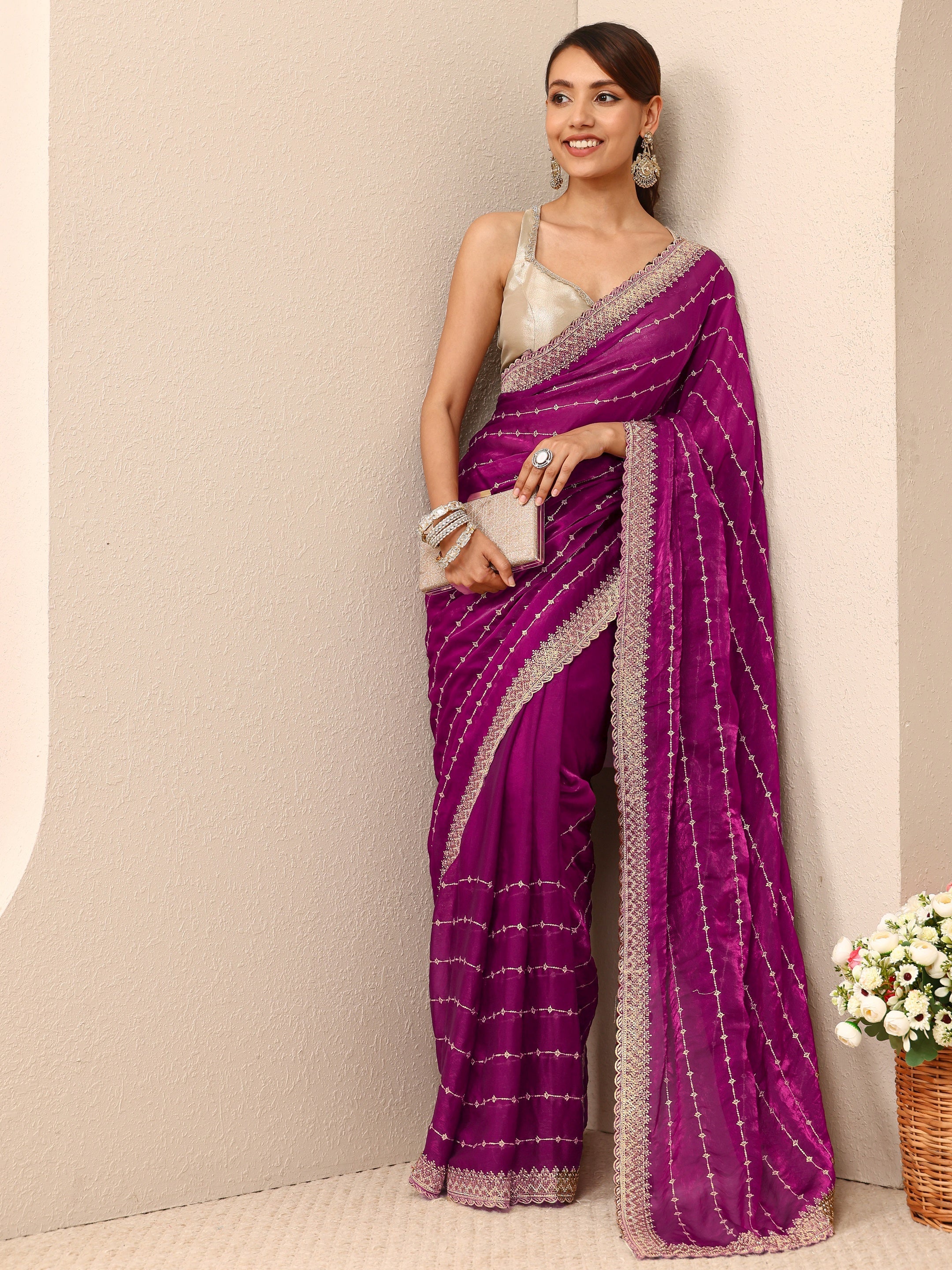 Burgundy Embellished Silk Blend SareeWith Unstitched Blouse Piece-image-10