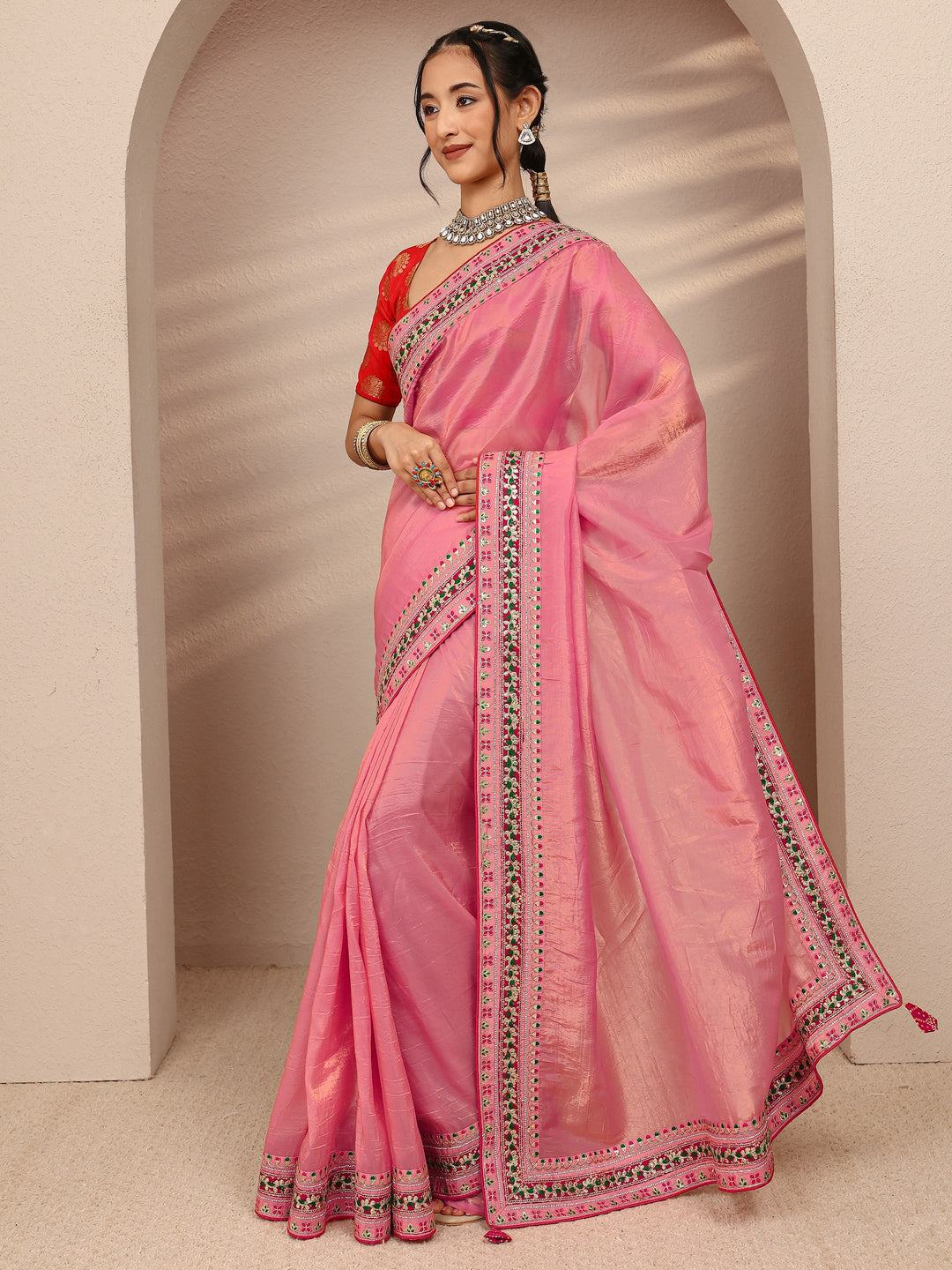  Pink Solid Silk Blend Saree With Unstitched Blouse Piece 