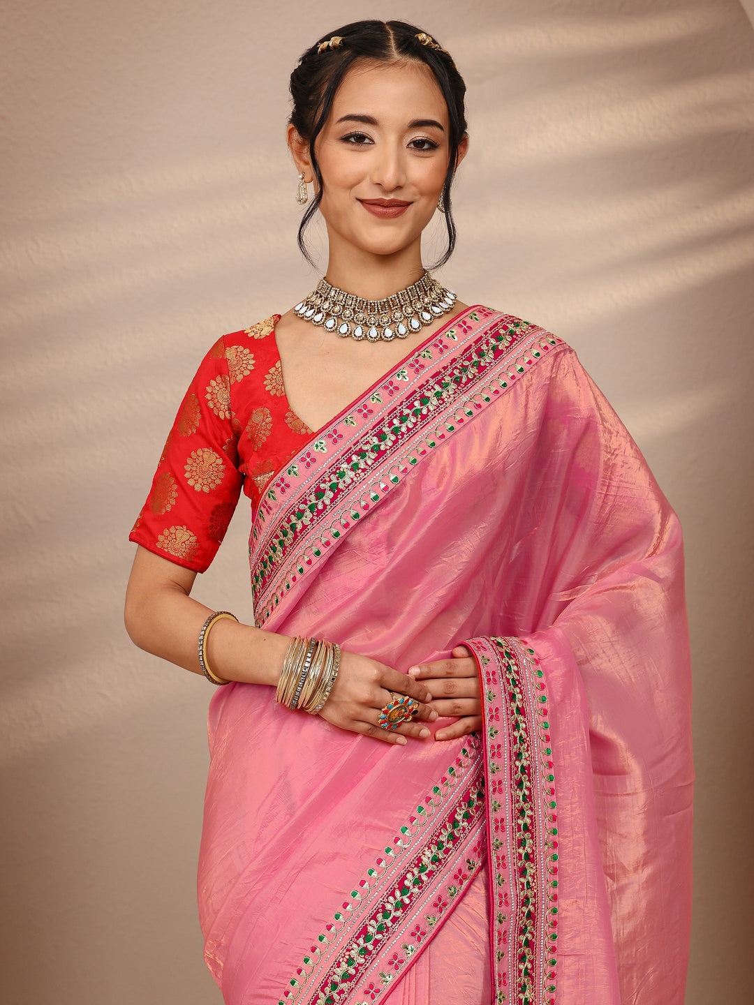  Pink Solid Silk Blend Saree With Unstitched Blouse Piece 