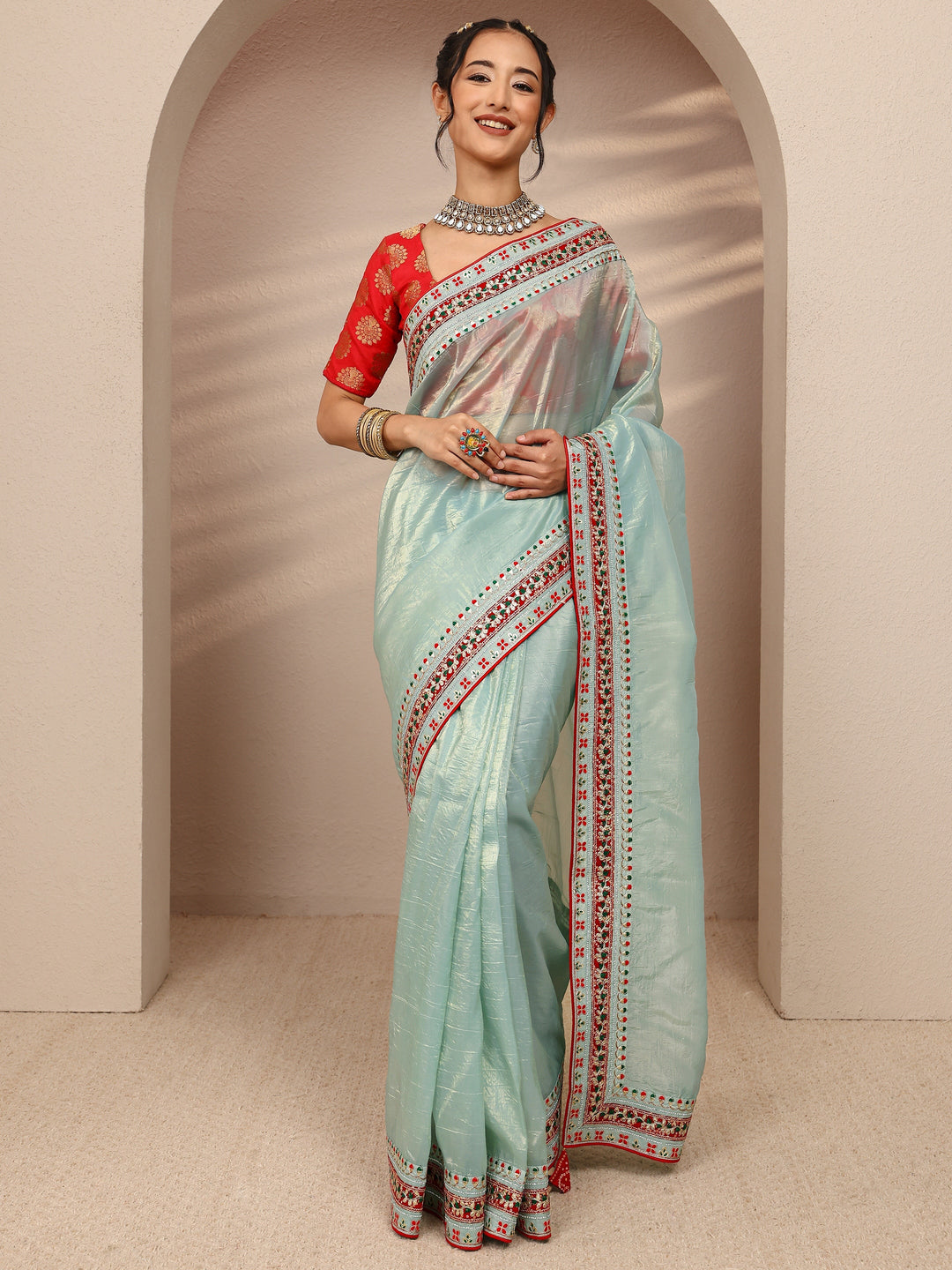  Blue Solid Silk Blend Saree With Unstitched Blouse Piece 