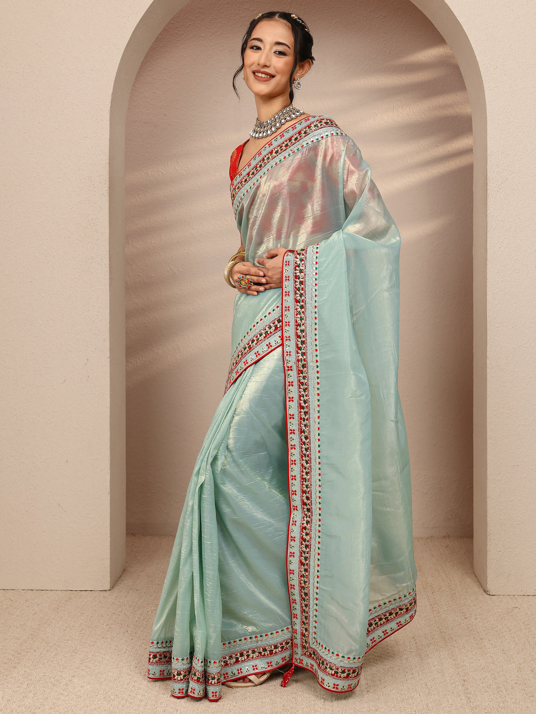  Blue Solid Silk Blend Saree With Unstitched Blouse Piece 