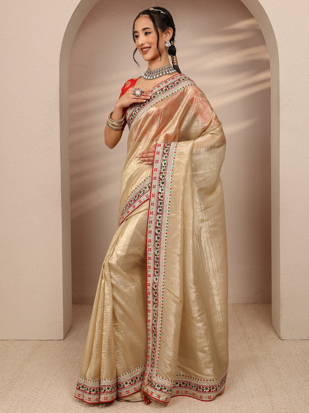  Gold Solid Silk Blend Saree With Unstitched Blouse Piece 