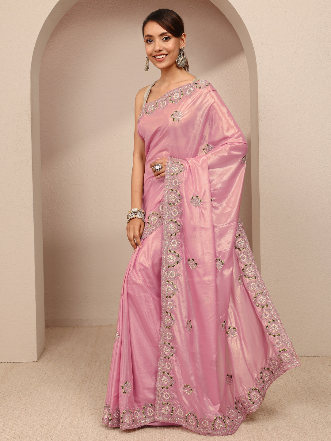  Pink Floral Embroidered Silk Blend Saree 
With Unstitched Blouse Piece 