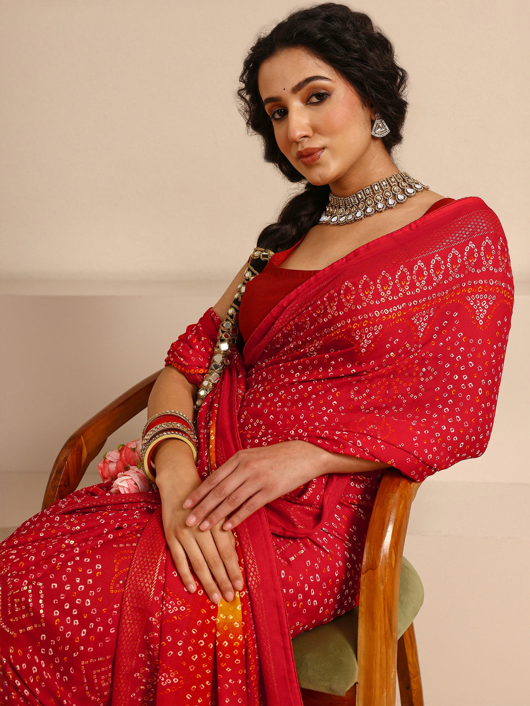  Red Bandhani Printed Silk Blend Saree With Unstitched Blouse Piece 