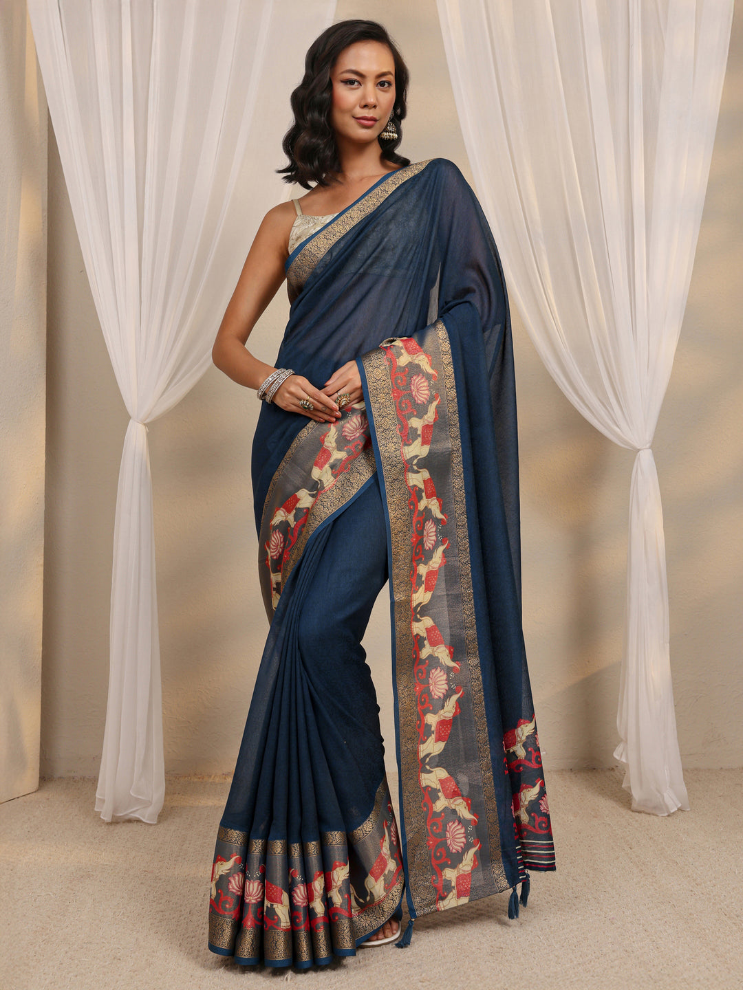  Navy Blue Ethnic Printed Silk Blend Saree With Unstitched Blouse Piece 