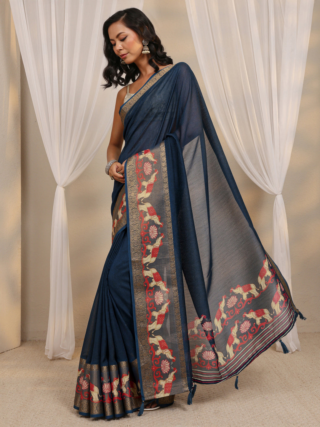  Navy Blue Ethnic Printed Silk Blend Saree With Unstitched Blouse Piece 