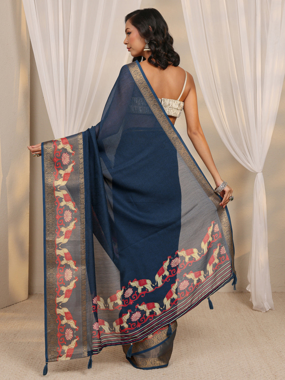  Navy Blue Ethnic Printed Silk Blend Saree With Unstitched Blouse Piece 
