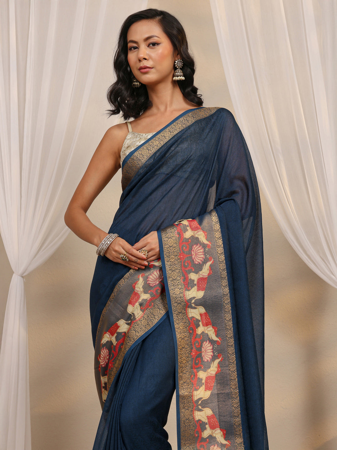  Navy Blue Ethnic Printed Silk Blend Saree With Unstitched Blouse Piece 