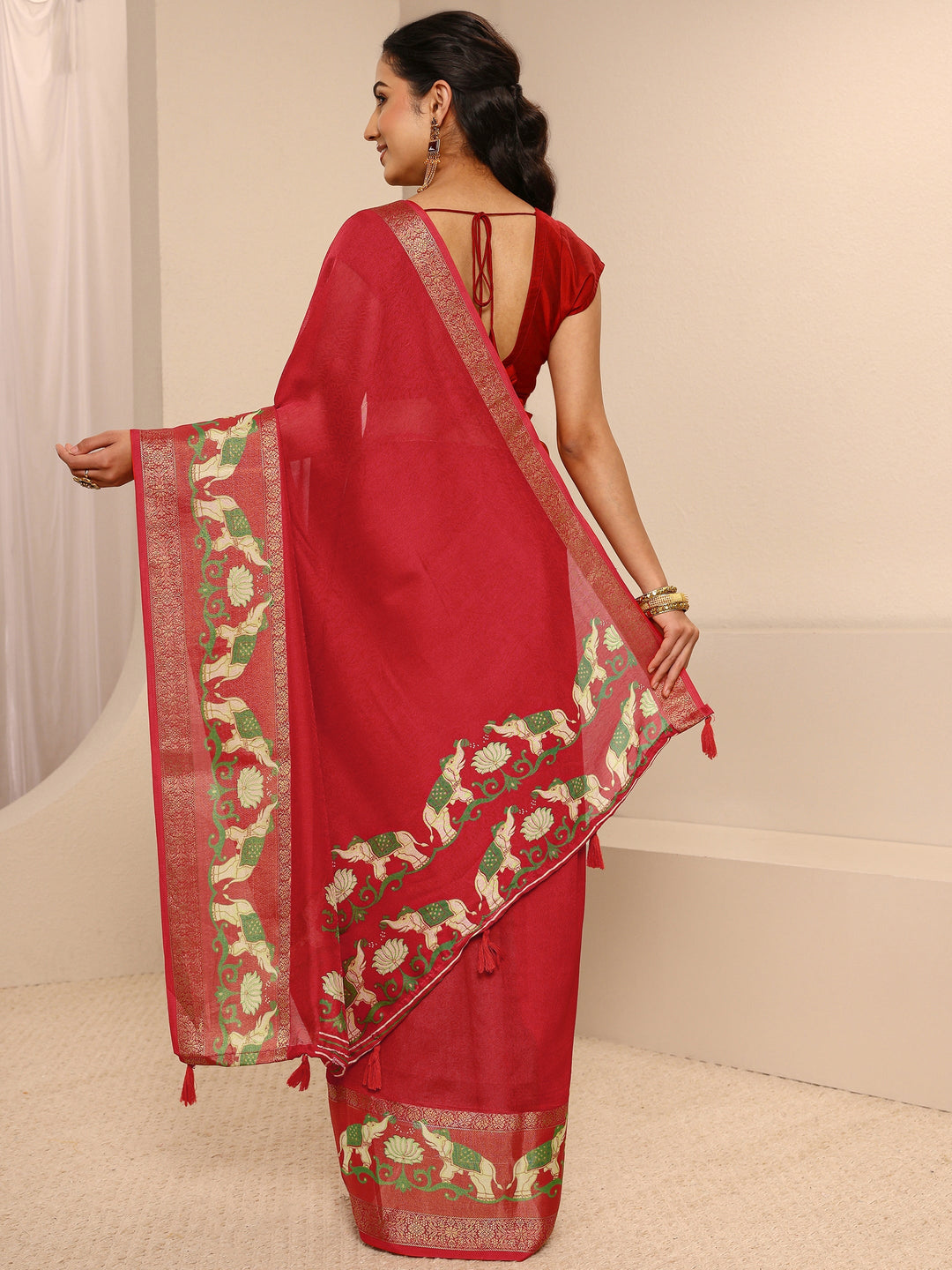  Red Ethnic Silk Blend Saree With Unstitched Blouse Piece 