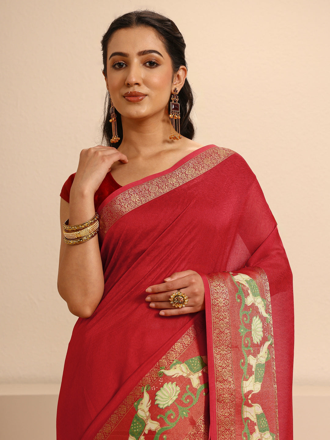  Red Ethnic Silk Blend Saree With Unstitched Blouse Piece 