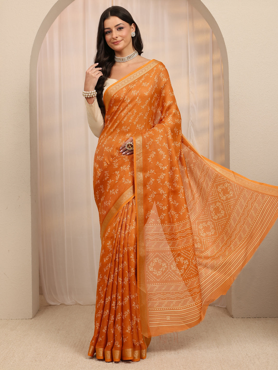 Orange Floral Printed Silk Blend Saree 
With Unstitched Blouse Piece 