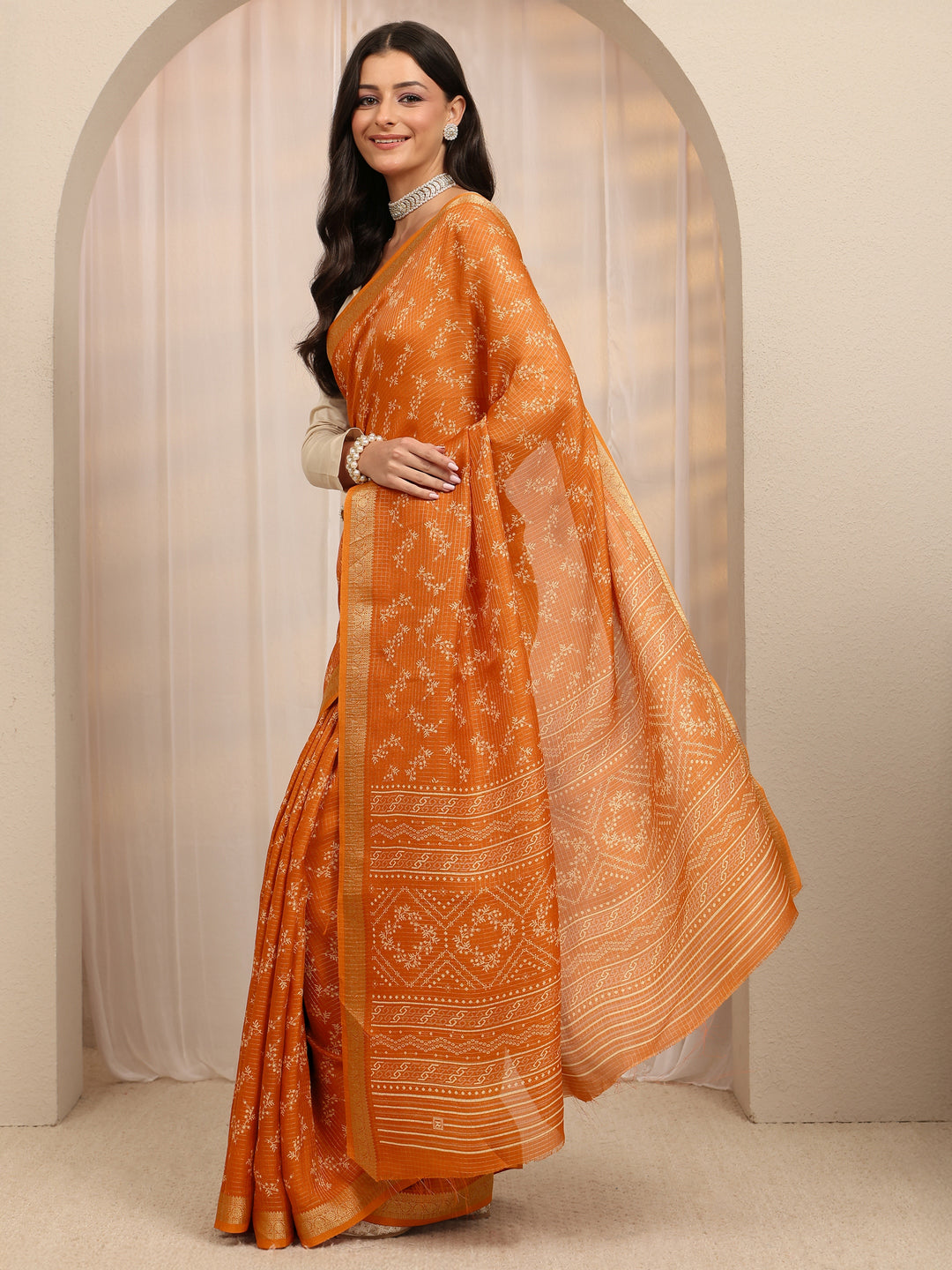  Orange Floral Printed Silk Blend Saree 
With Unstitched Blouse Piece 