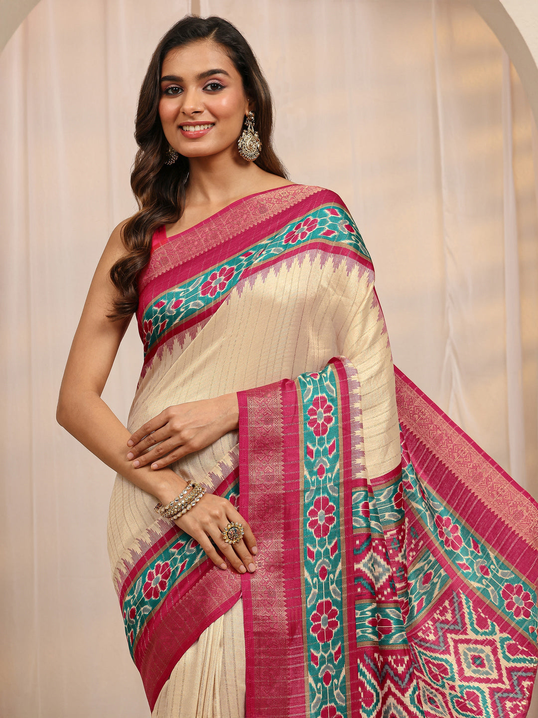 Beige Ethnic Printed Silk Blend Saree 
With Unstitched Blouse Piece 