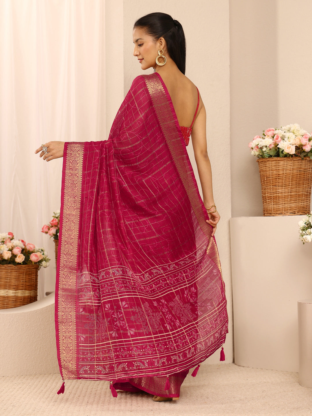  Red Abstract Printed Silk Blend Saree With Unstitched Blouse Piece 