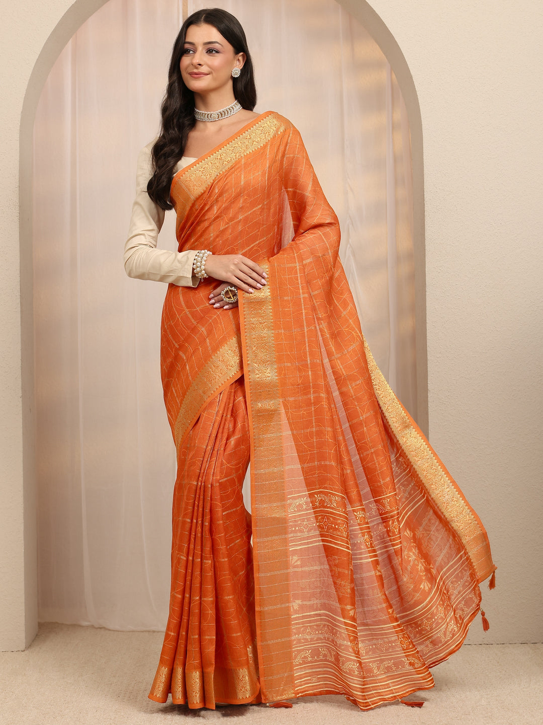  Orange Checkered Silk Blend Saree 
With Unstitched Blouse Piece 