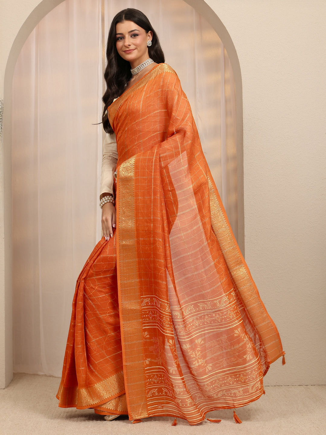  Orange Checkered Silk Blend Saree 
With Unstitched Blouse Piece 